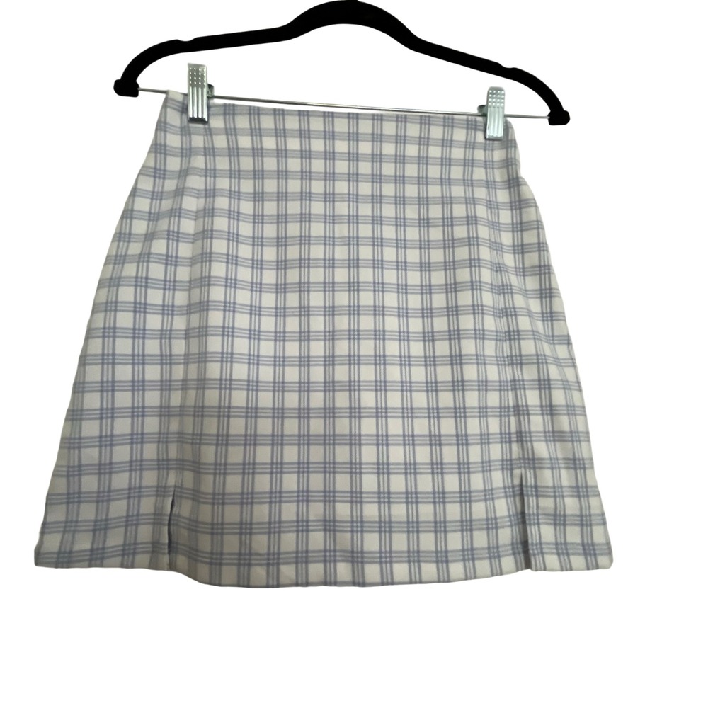 Brandy Melville Cara Mini Skirt Small Blue White Plaid Slit A-Line Cottage